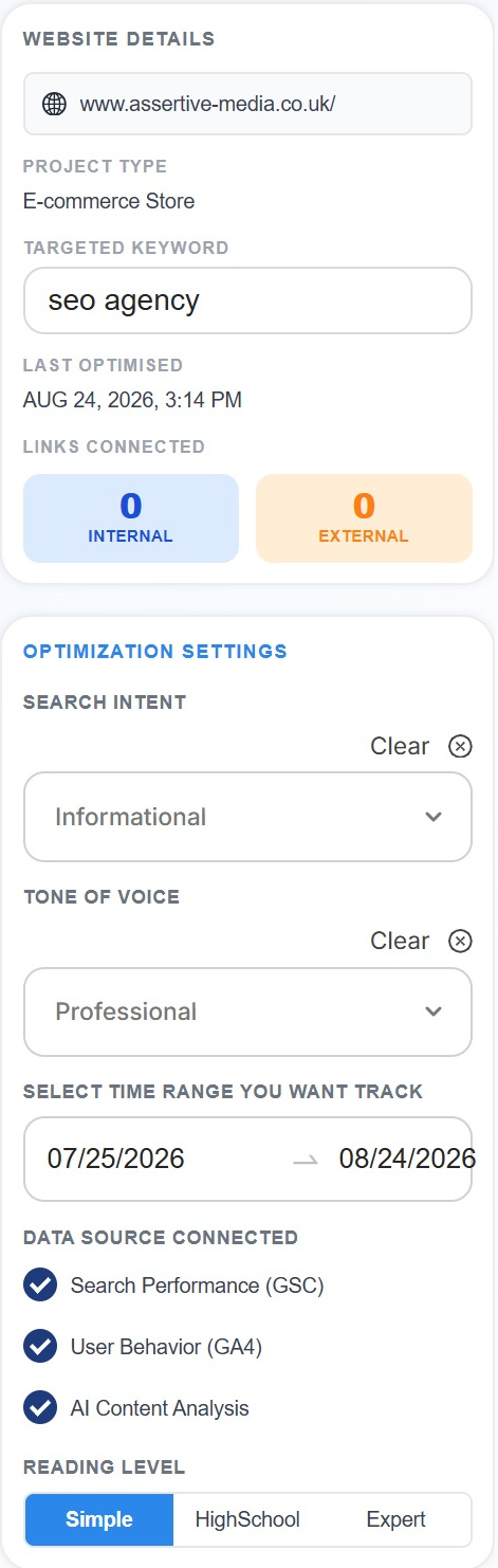 The website details and optimisation settings panel in the SEO Stack content editor, with search intent, tone of voice, date range, connected data sources and reading level