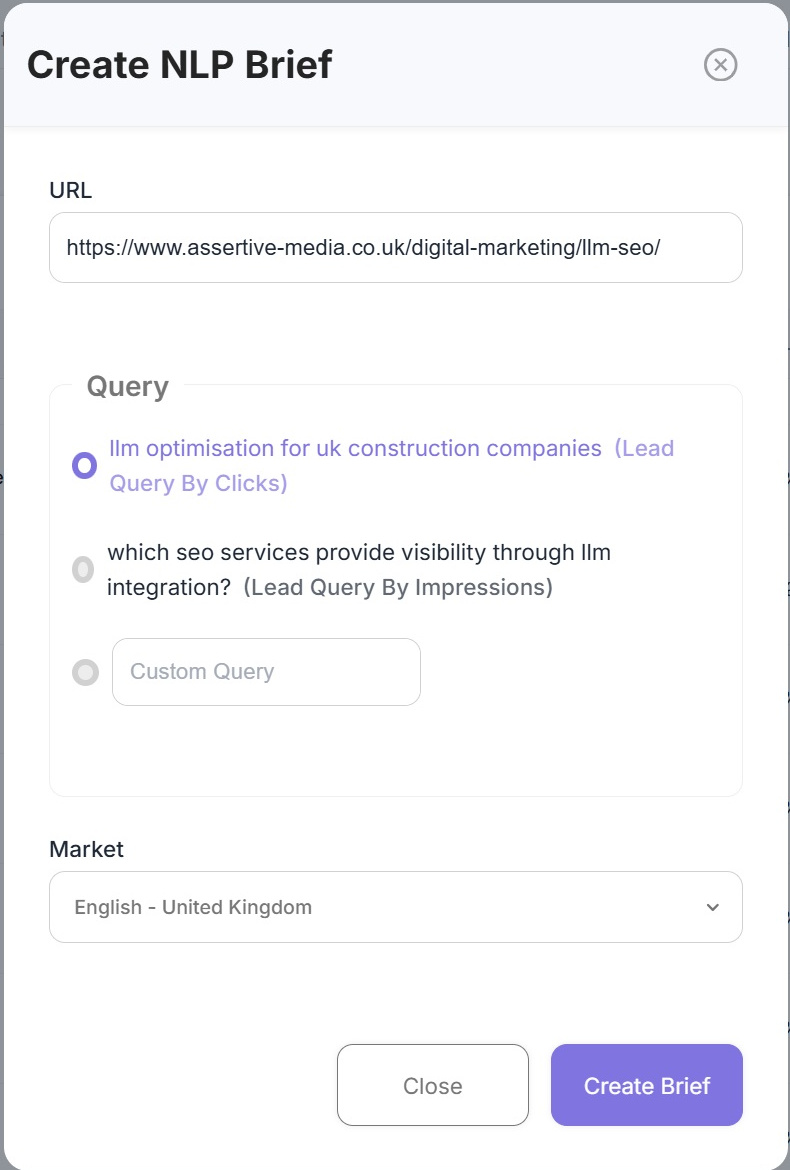 The Create NLP Brief panel in SEO Stack with the URL, the lead query by clicks, the lead query by impressions, a custom query option and the market selector