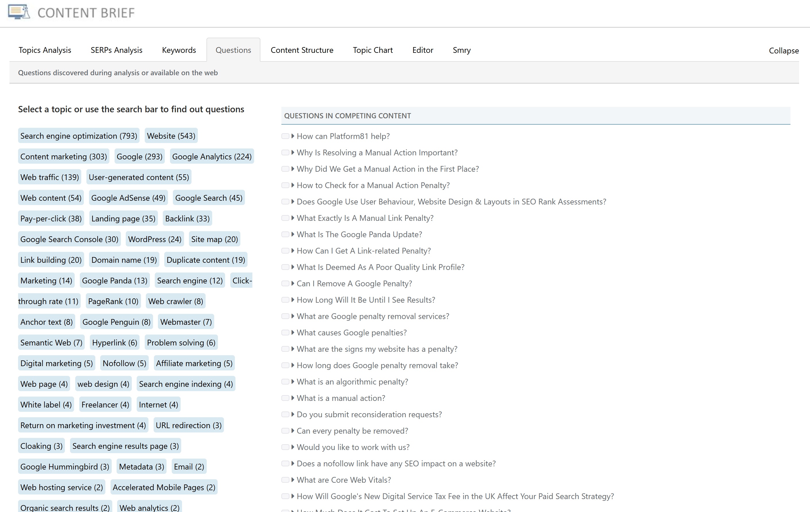 The questions tab in an NLP brief in SEO Stack with topics and counts on the left and questions found in competing content on the right