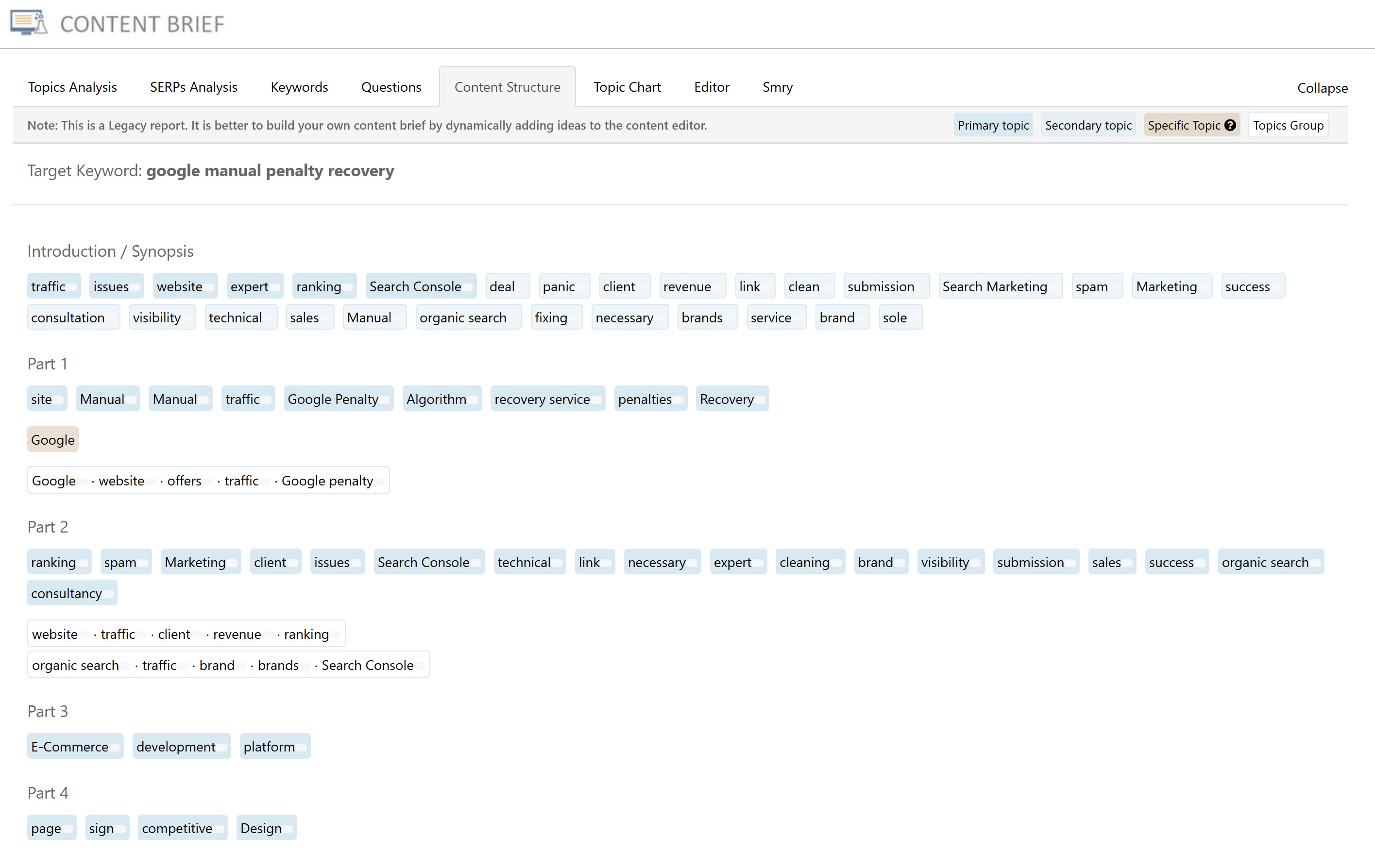 The content structure tab in an NLP brief in SEO Stack with an introduction and four parts, each listing the topics to cover