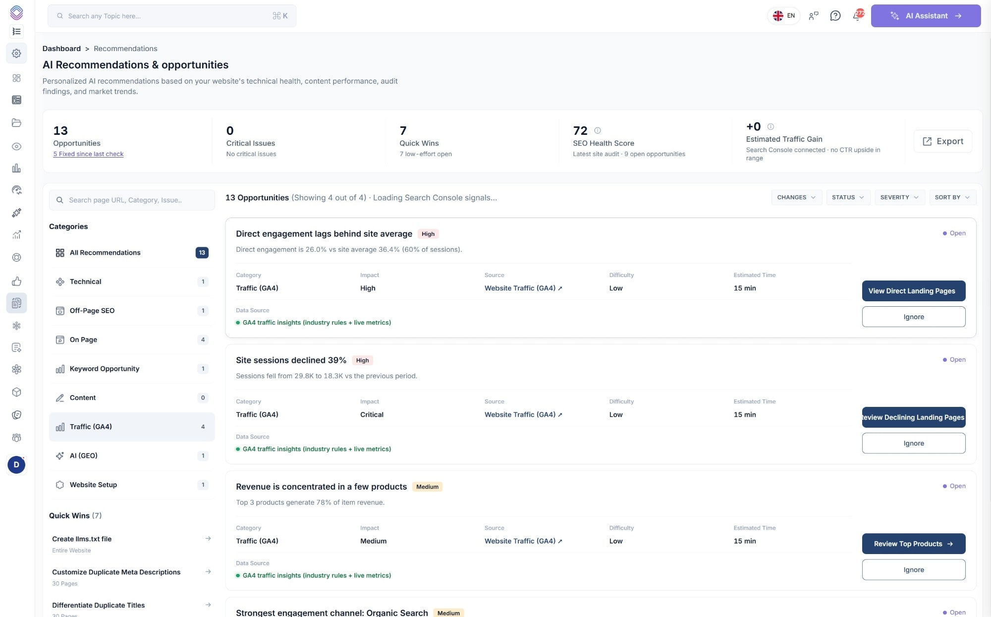 AI recommendations and opportunities in SEO Stack, with 13 opportunities, 7 quick wins and a health score, categorised across technical, off-page, on page, keyword opportunity, traffic from GA4, AI and website setup