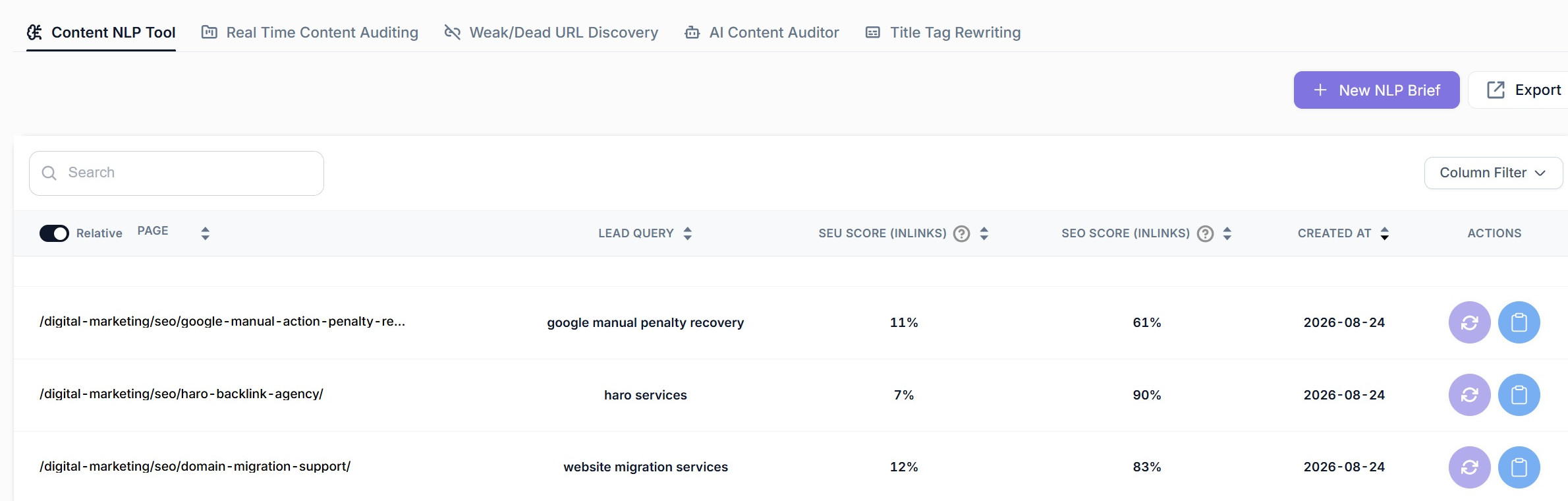 The Content NLP auditor in SEO Stack scoring topical coverage against the target query
