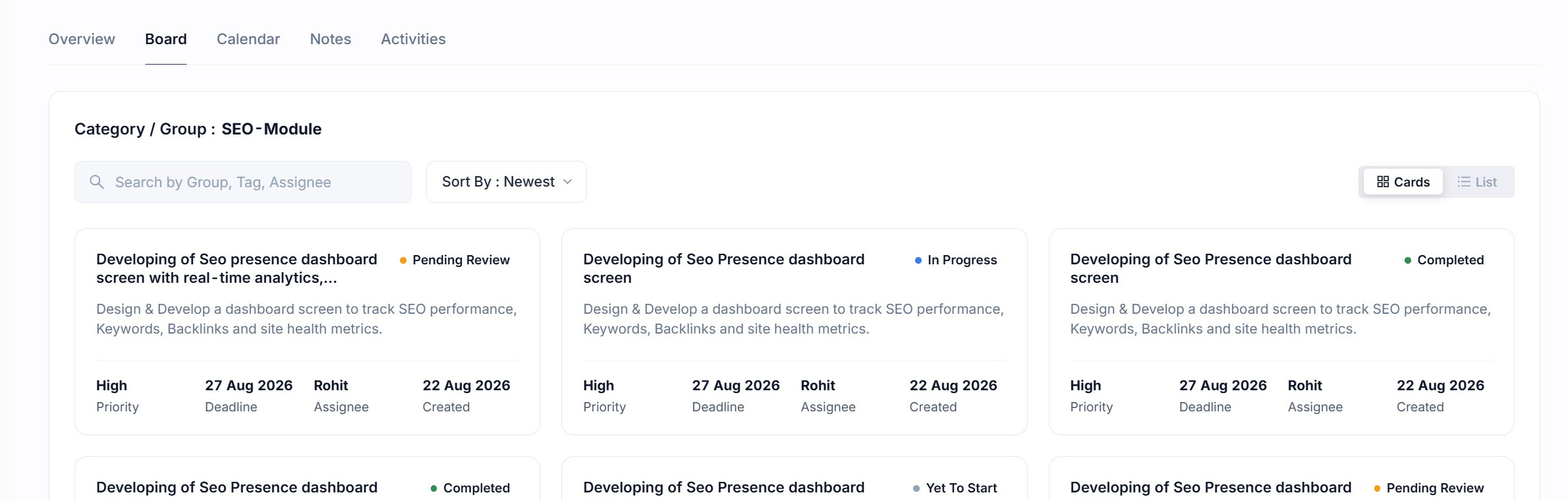The task board in SEO Stack with tasks connected to annotations