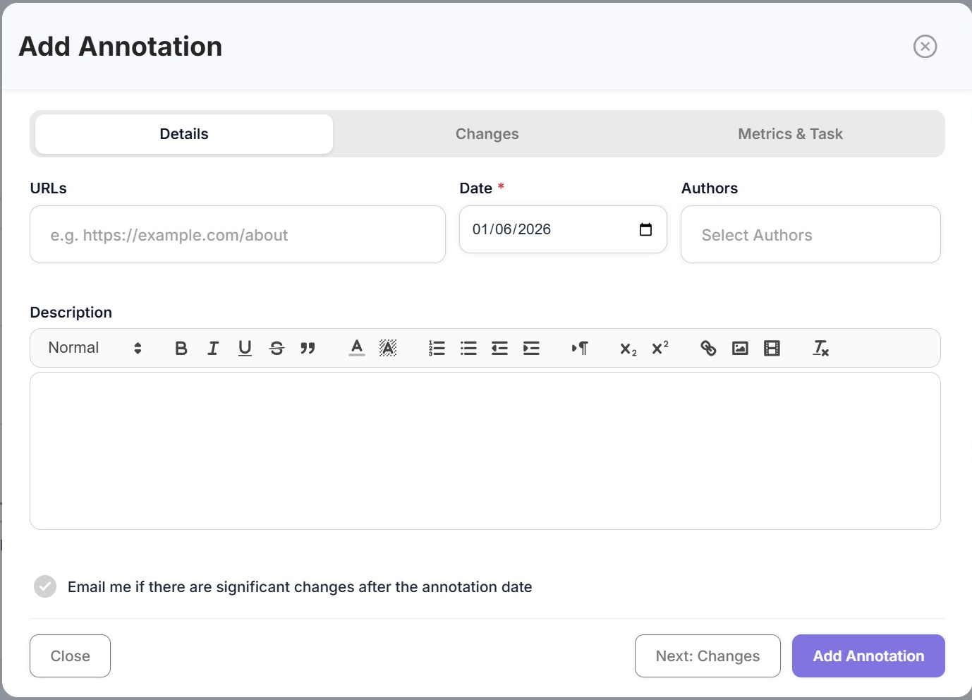 The add annotation panel in SEO Stack with URLs, a date, authors, a description and an option to be emailed if there are significant changes after the annotation date