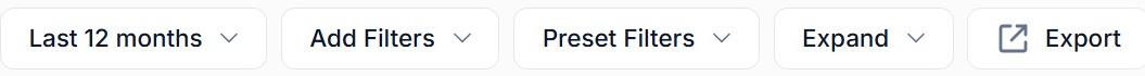 The date range, add filters, preset filters, expand and export controls above the index performance view in SEO Stack