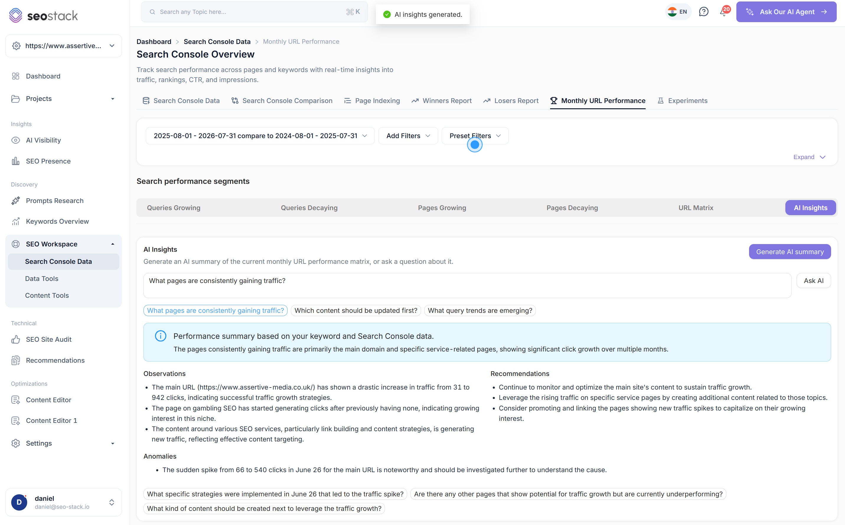 AI Insights in SEO Stack answering a question about the monthly URL performance matrix with observations, recommendations and anomalies