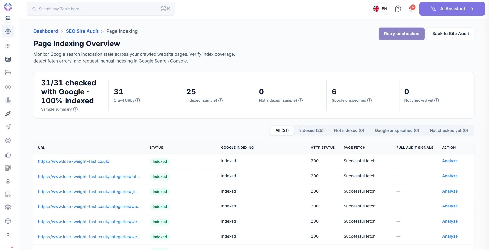 The Page Indexing Overview in SEO Stack, showing 31 crawl URLs with 25 indexed, the state filters and every URL with its Google indexing state, HTTP status and page fetch result