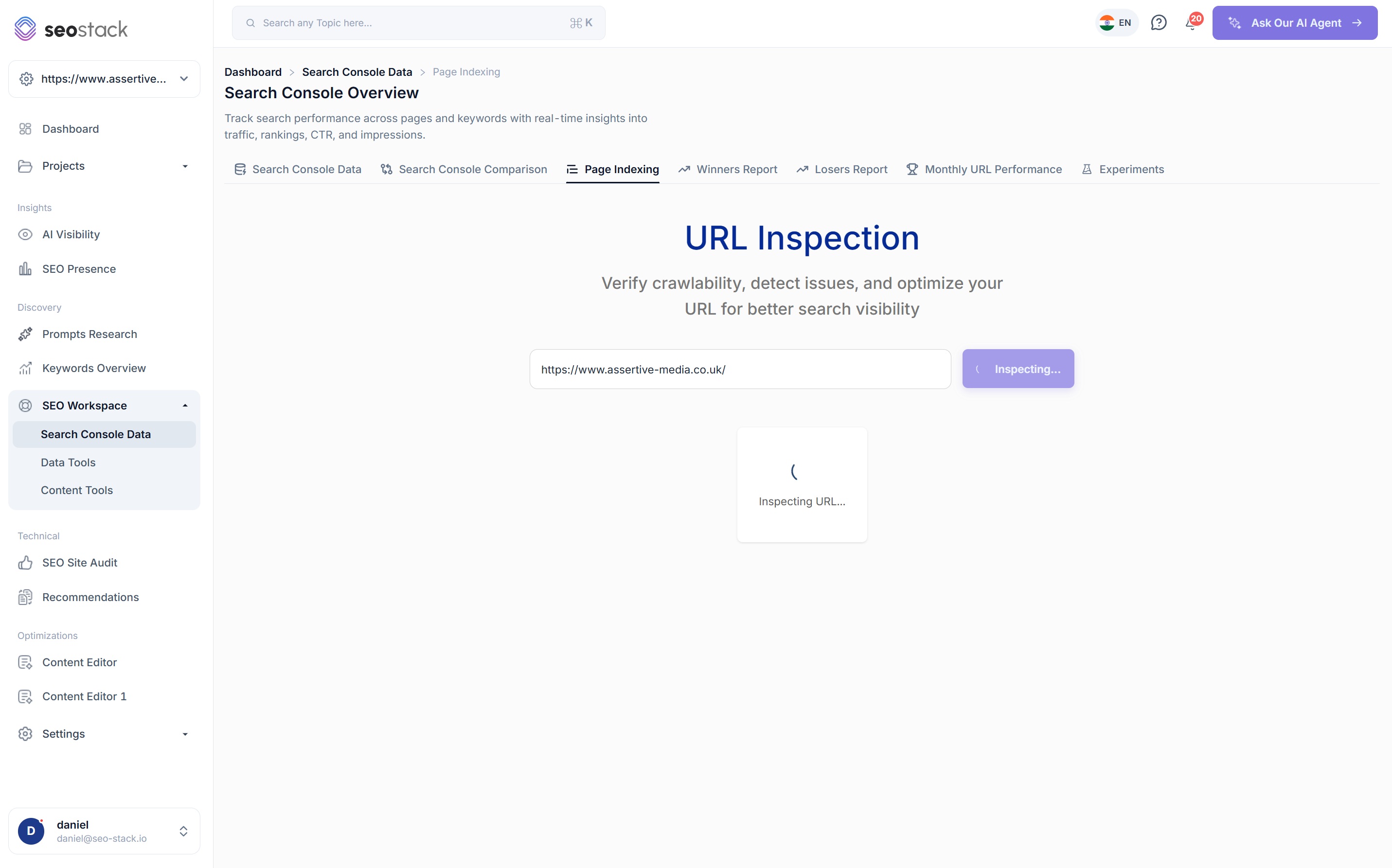 URL inspection results in SEO Stack showing verdict, coverage state, canonicals and rich result validation beside the page's traffic