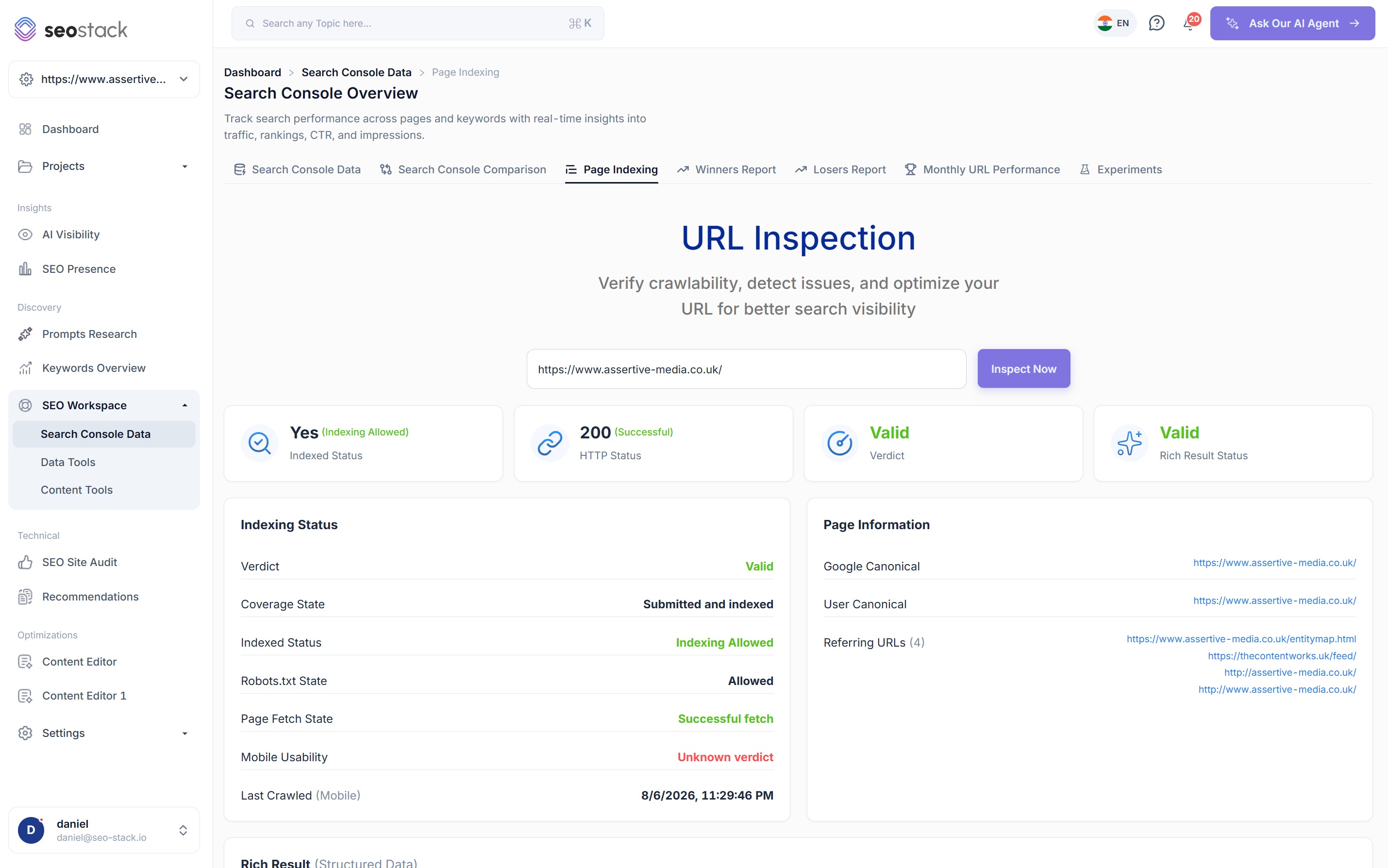 URL inspection in SEO Stack showing indexed status, HTTP status, verdict and rich result status alongside indexing status and page information