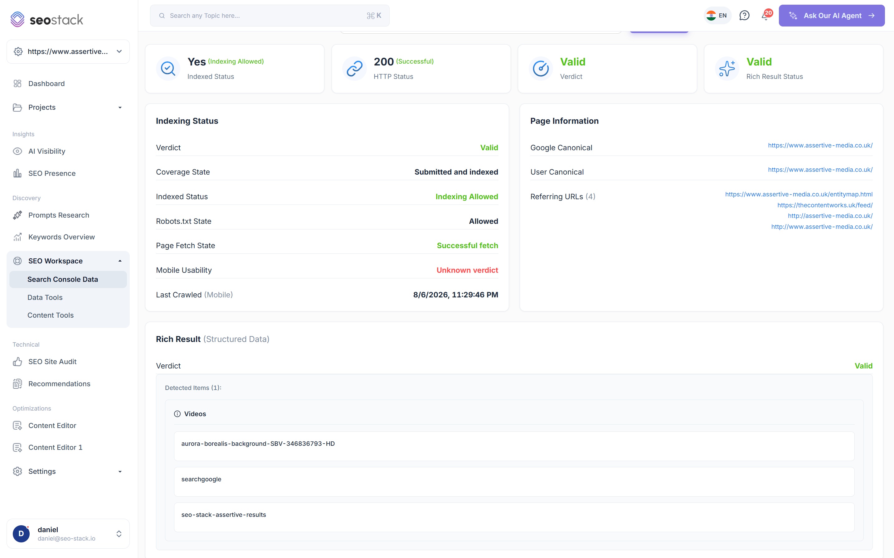 Indexing status and page information panels in SEO Stack with rich result structured data items listed