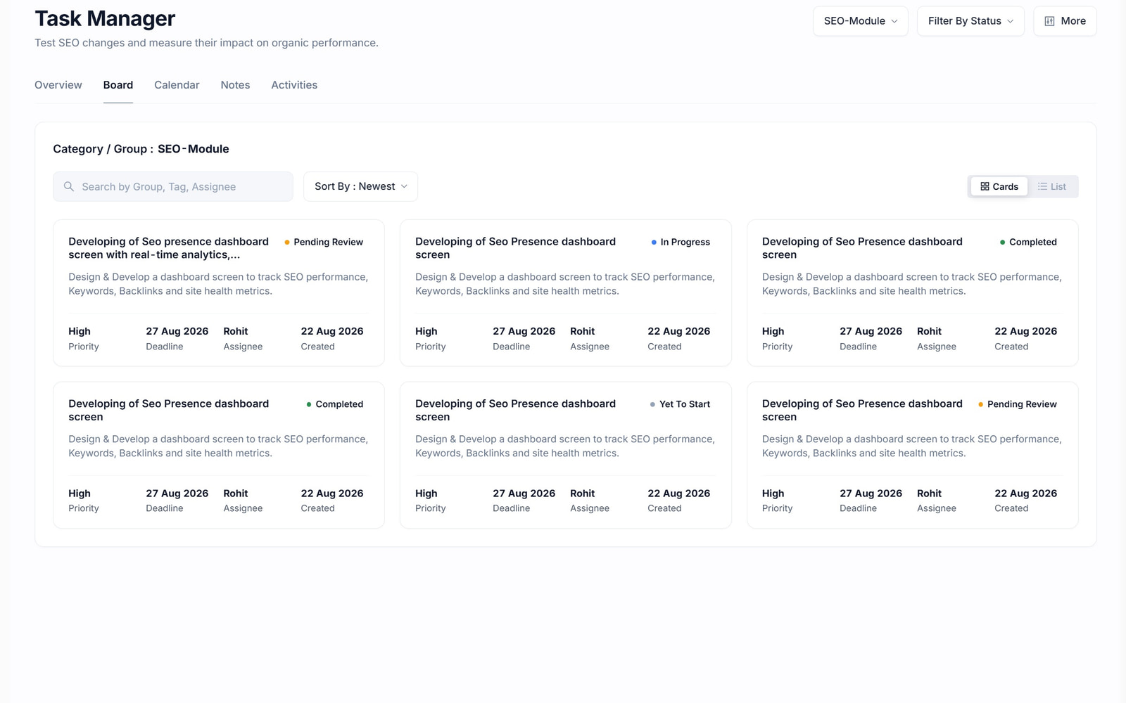 The task board in SEO Stack, with tasks connected to annotations on the performance chart