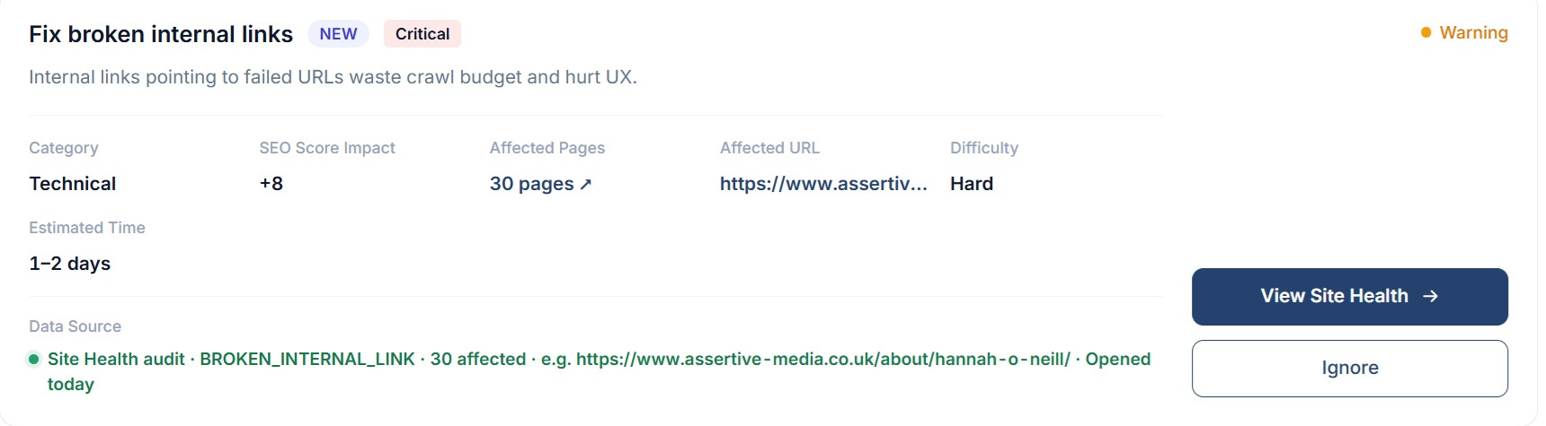 A single recommendation card in SEO Stack for fixing broken internal links, showing category, SEO score impact, affected pages, difficulty, estimated time and the data source