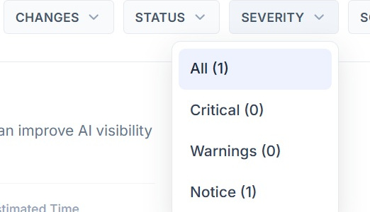 The changes, status, severity and sort by filters on the recommendations board in SEO Stack