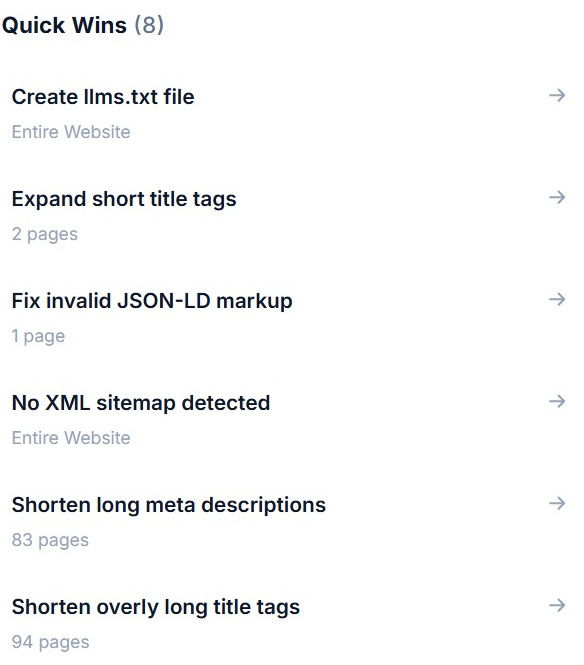 The quick wins list in SEO Stack with eight low effort recommendations and the number of pages each one affects