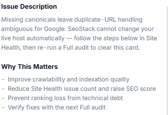 The issue description and why this matters sections of a fix guide in SEO Stack