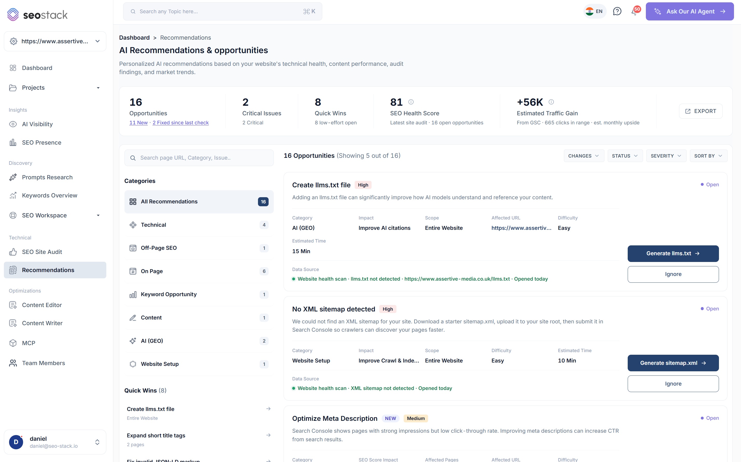The AI Recommendations and opportunities board in SEO Stack with the summary strip, categories and the first opportunities