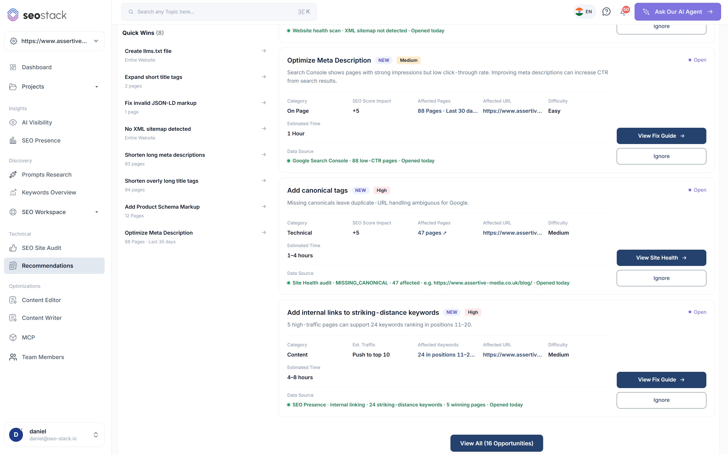 Recommendation cards in SEO Stack for meta descriptions, canonical tags and internal links to striking-distance keywords