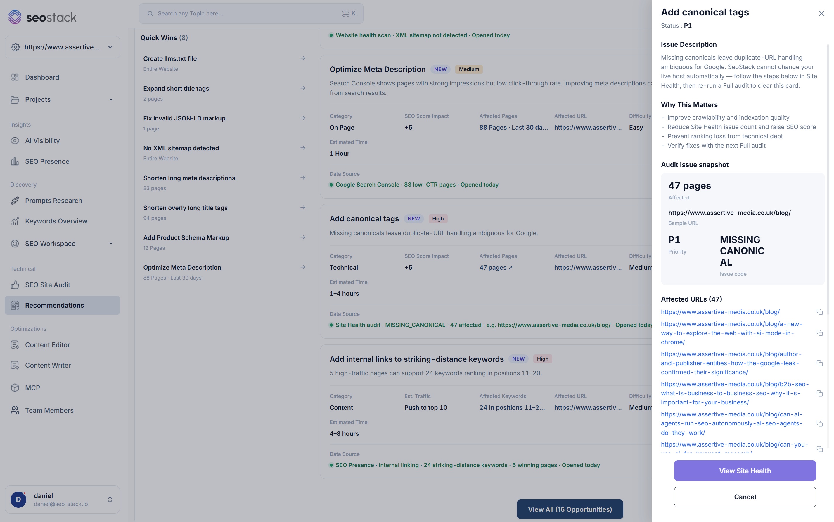 The fix guide panel in SEO Stack for adding canonical tags, with the issue description, why this matters, the audit issue snapshot and all 47 affected URLs