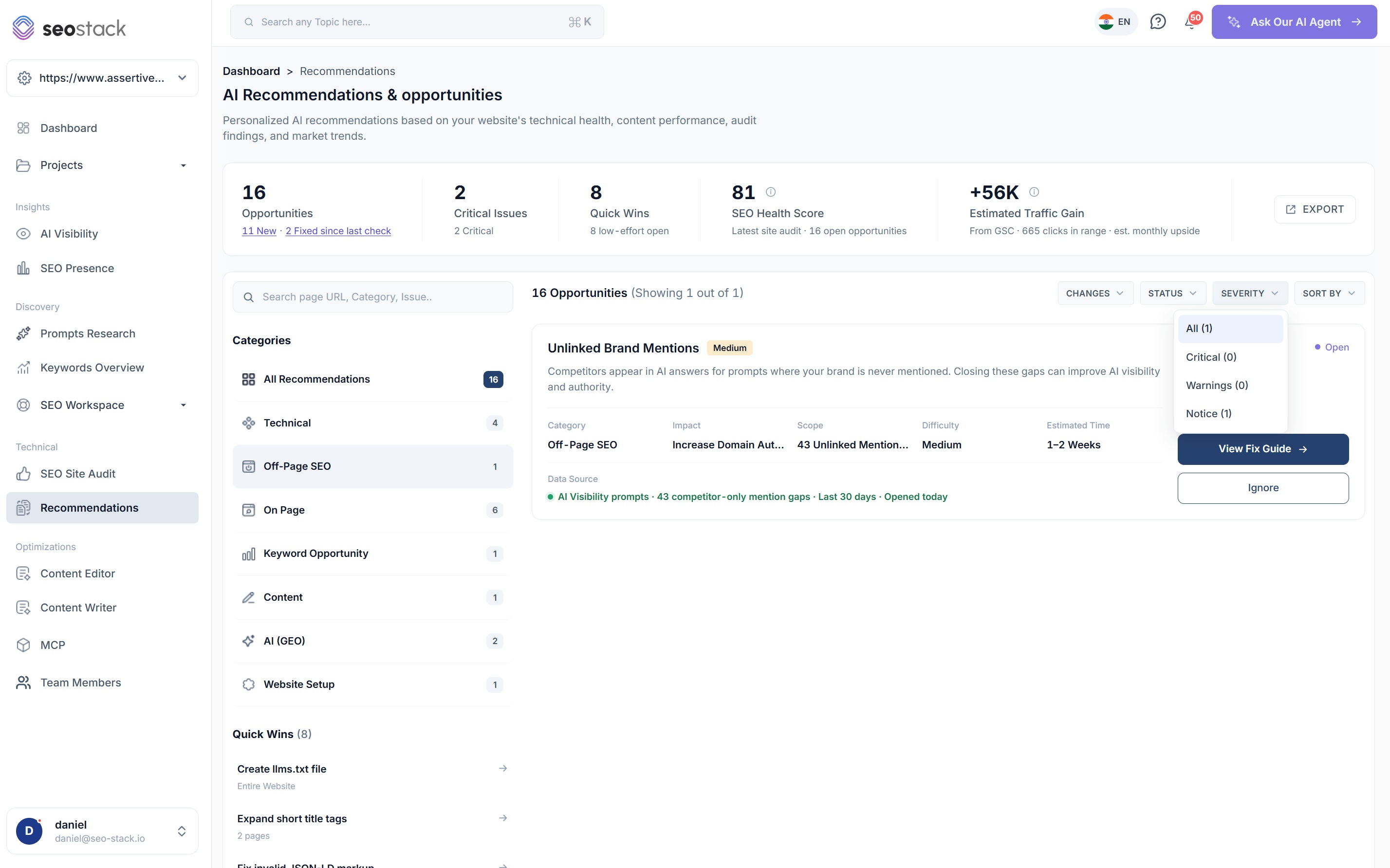 The severity filter open on the recommendations board in SEO Stack, filtered to Off-Page SEO