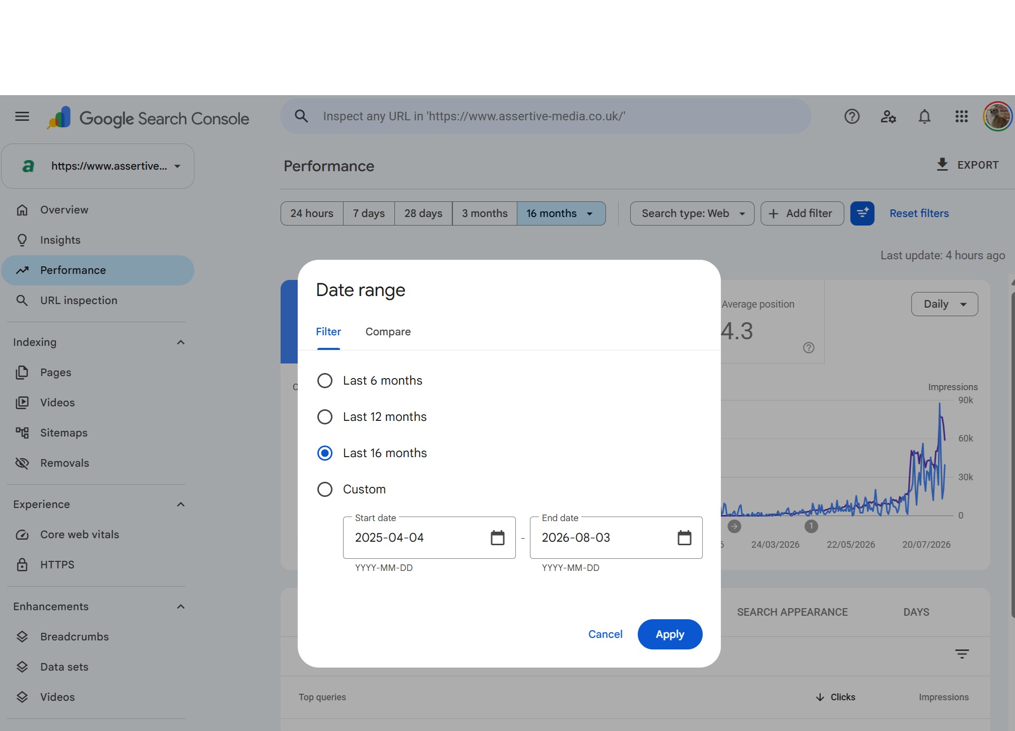 The Google Search Console date range picker, which stops at 16 months
