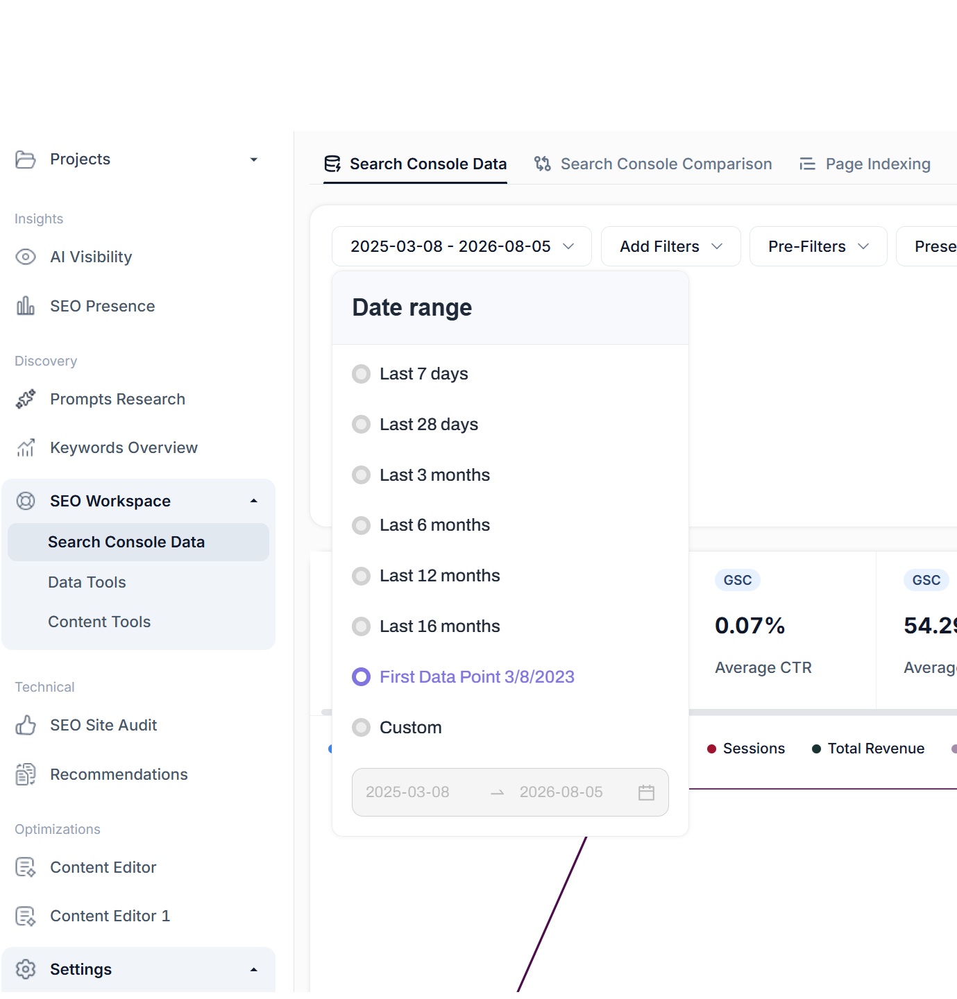 A date range in SEO Stack reaching years beyond Google Search Console's 16-month retention window