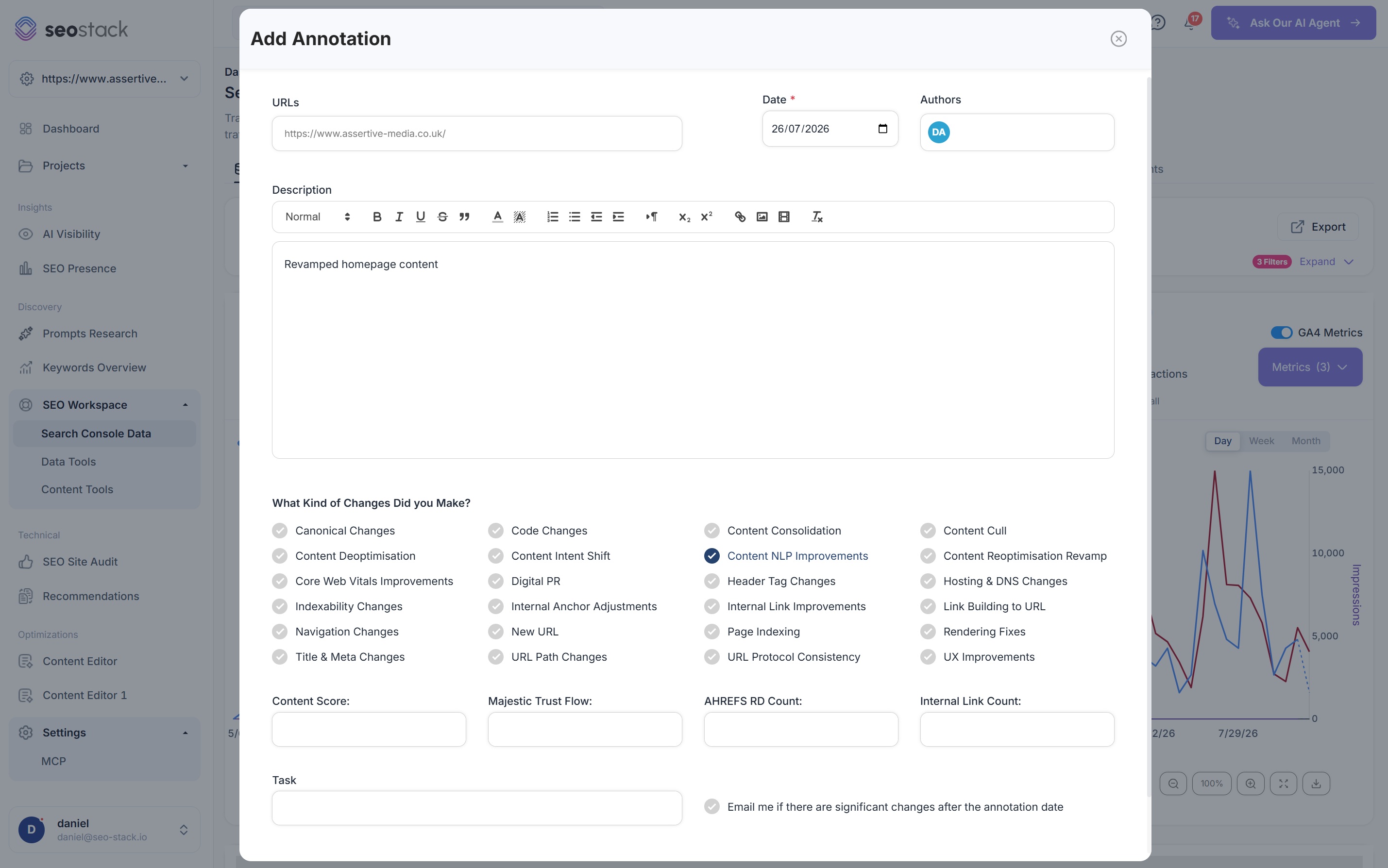 Add Annotation modal in SEO Stack with URL scope, date, author, change type checkboxes and significant change notification