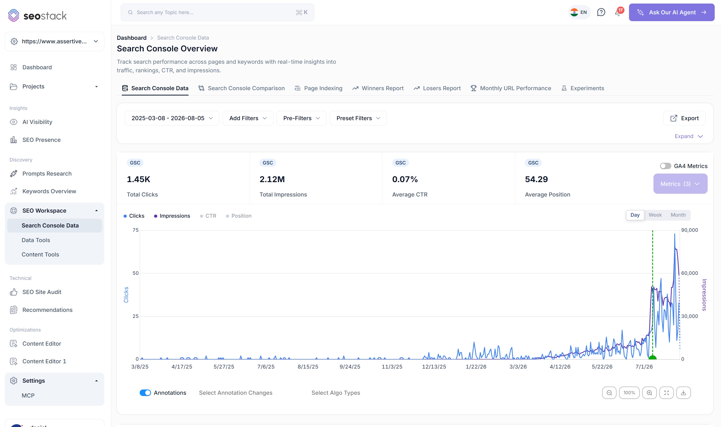 The warehoused Search Console data interface in SEO Stack, with the clicks and impressions chart and the full query table