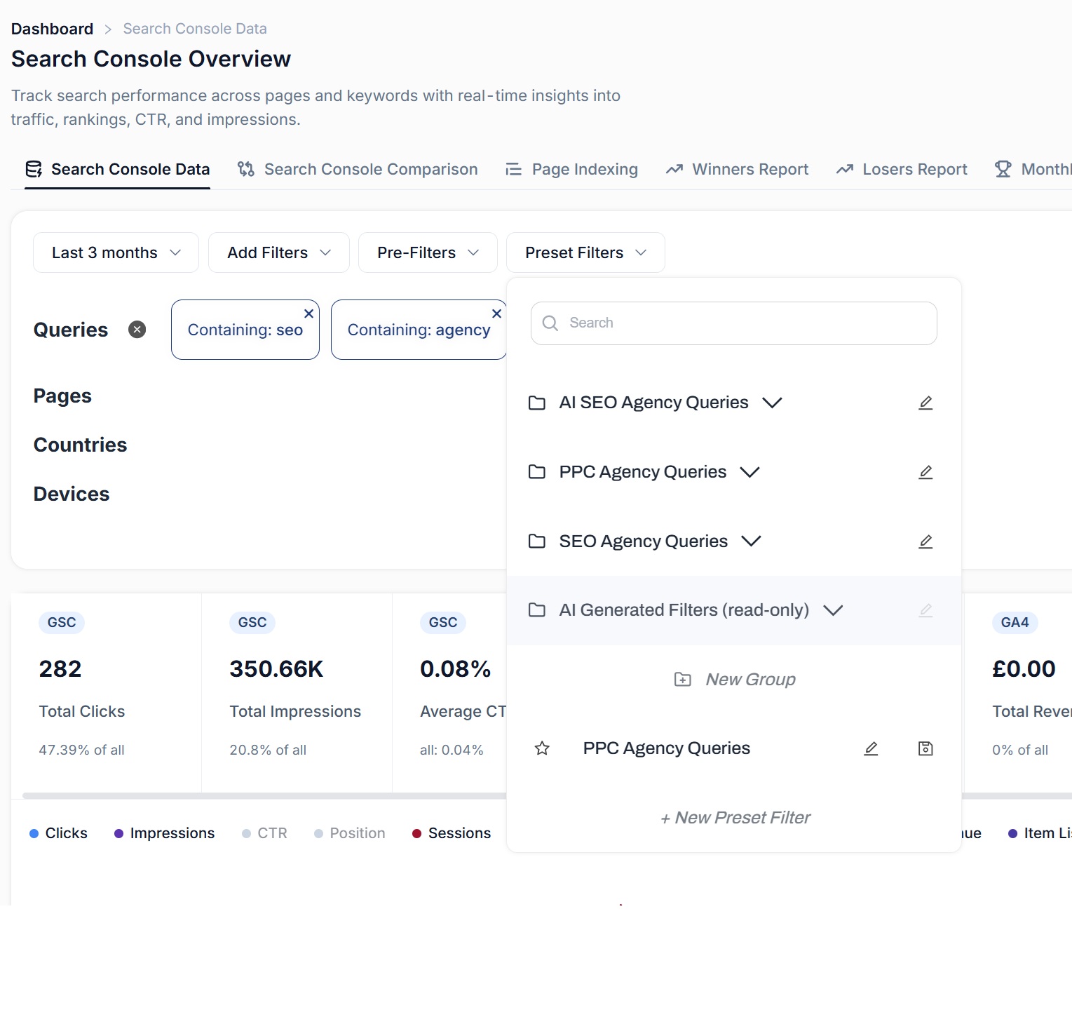 The saved filter library in SEO Stack, with filters organised into folders for reuse across a team