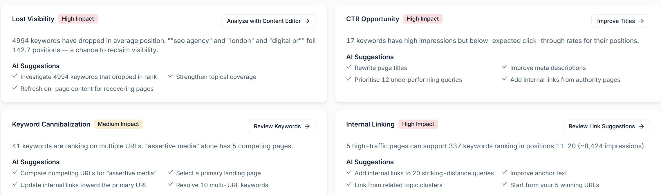 The AI SEO opportunities section in SEO Stack with lost visibility, CTR opportunity, keyword cannibalisation and internal linking cards, each with AI suggestions