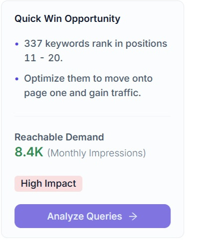 The quick win opportunity panel in SEO Stack showing 337 keywords in positions 11 to 20 and 8.4K monthly impressions of reachable demand