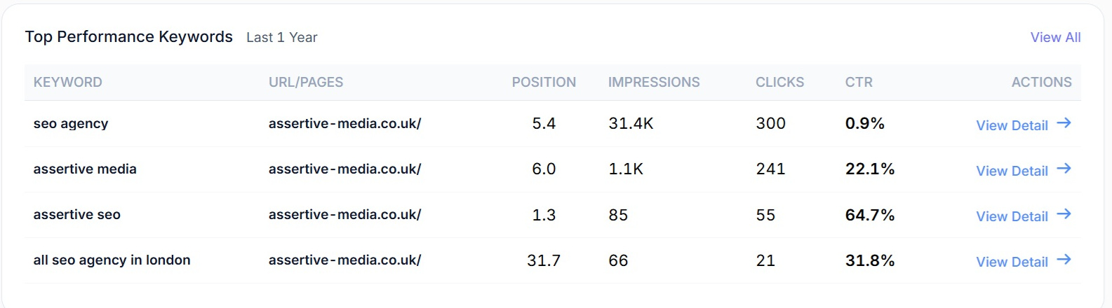 The top performance keywords table in SEO Stack with position, impressions, clicks and CTR against each keyword