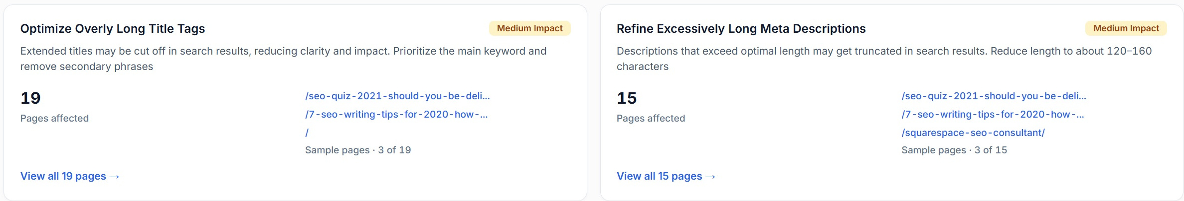 Two AI generated action plan cards in SEO Stack, each with an impact rating, the number of pages affected and sample URLs