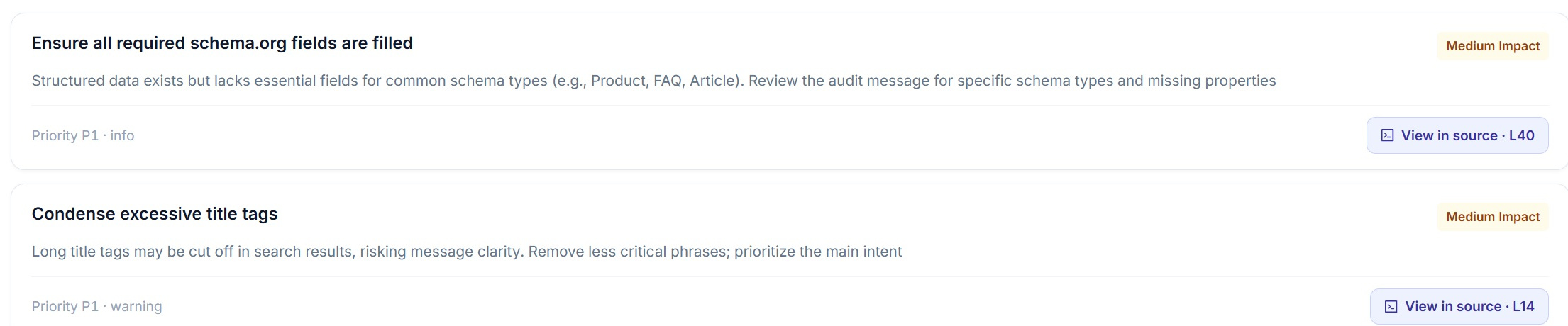 Fix guidance cards for a single URL in SEO Stack, each with a priority, an impact rating and a link into the crawled source at a specific line