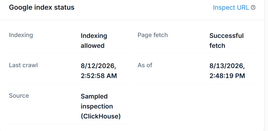 The Google index status panel for a single URL in SEO Stack showing indexing allowed, a successful page fetch and the date Google last crawled it