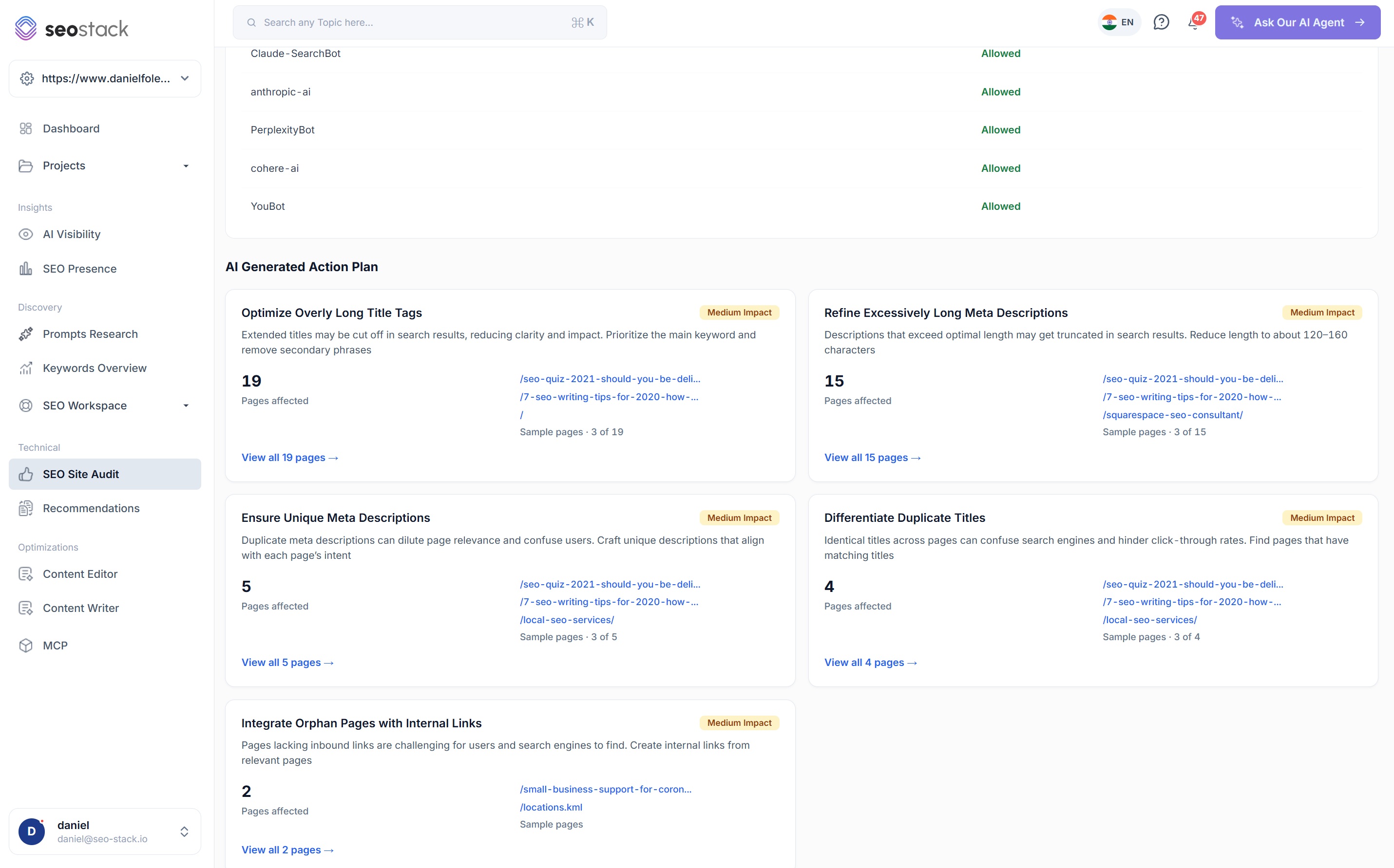 The AI generated action plan in SEO Stack with five prioritised actions, each with an impact rating and the pages affected