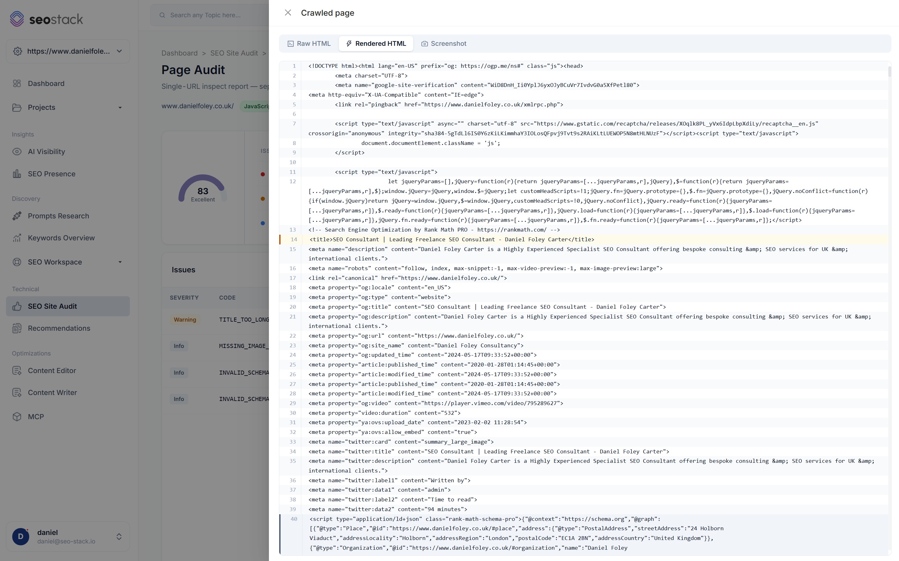 The rendered HTML view of a crawled page in SEO Stack with the line containing the title tag highlighted
