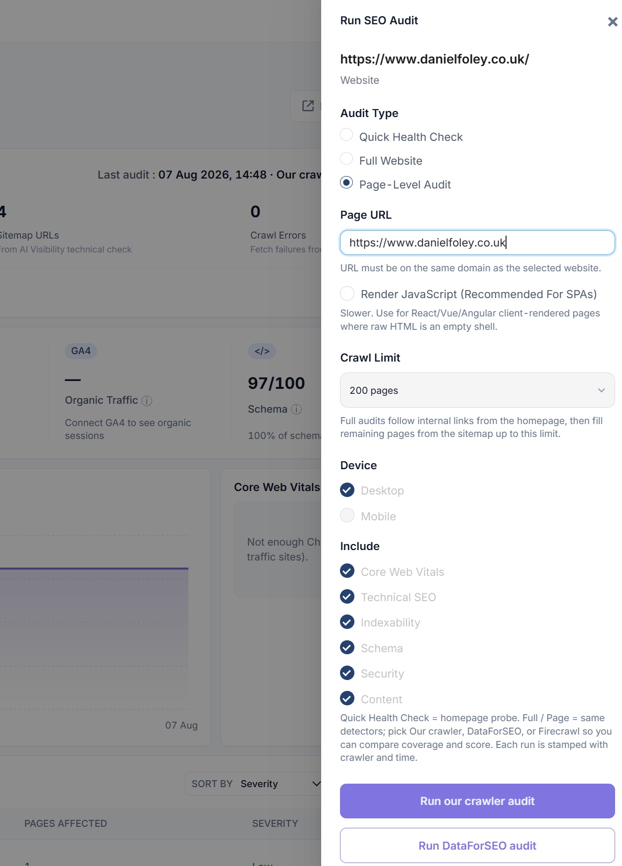 The Run SEO Audit panel in SEO Stack with audit type, page URL, JavaScript rendering, crawl limit, device and the detectors to include