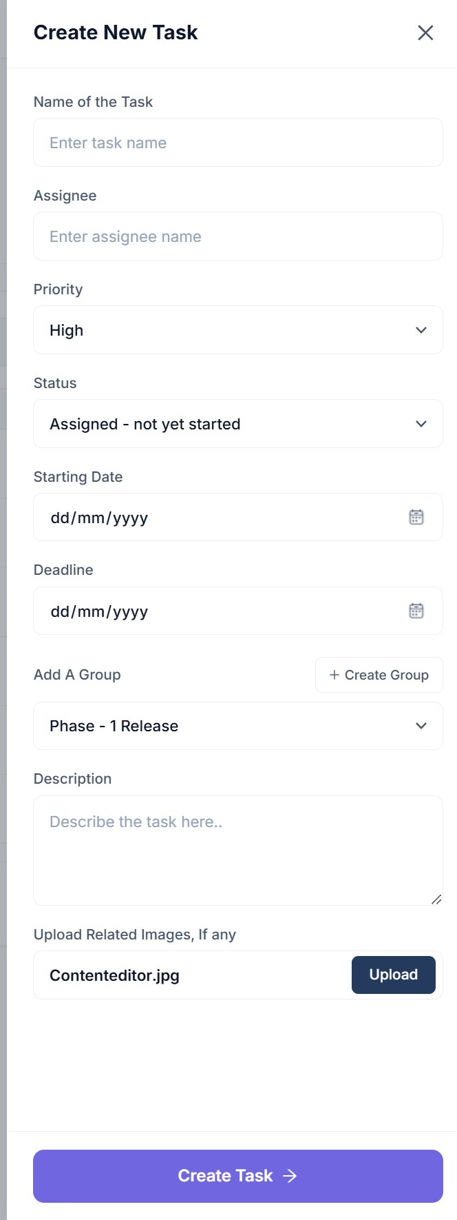 The create new task panel in SEO Stack with name, assignee, priority, status, starting date, deadline, group, description and image upload
