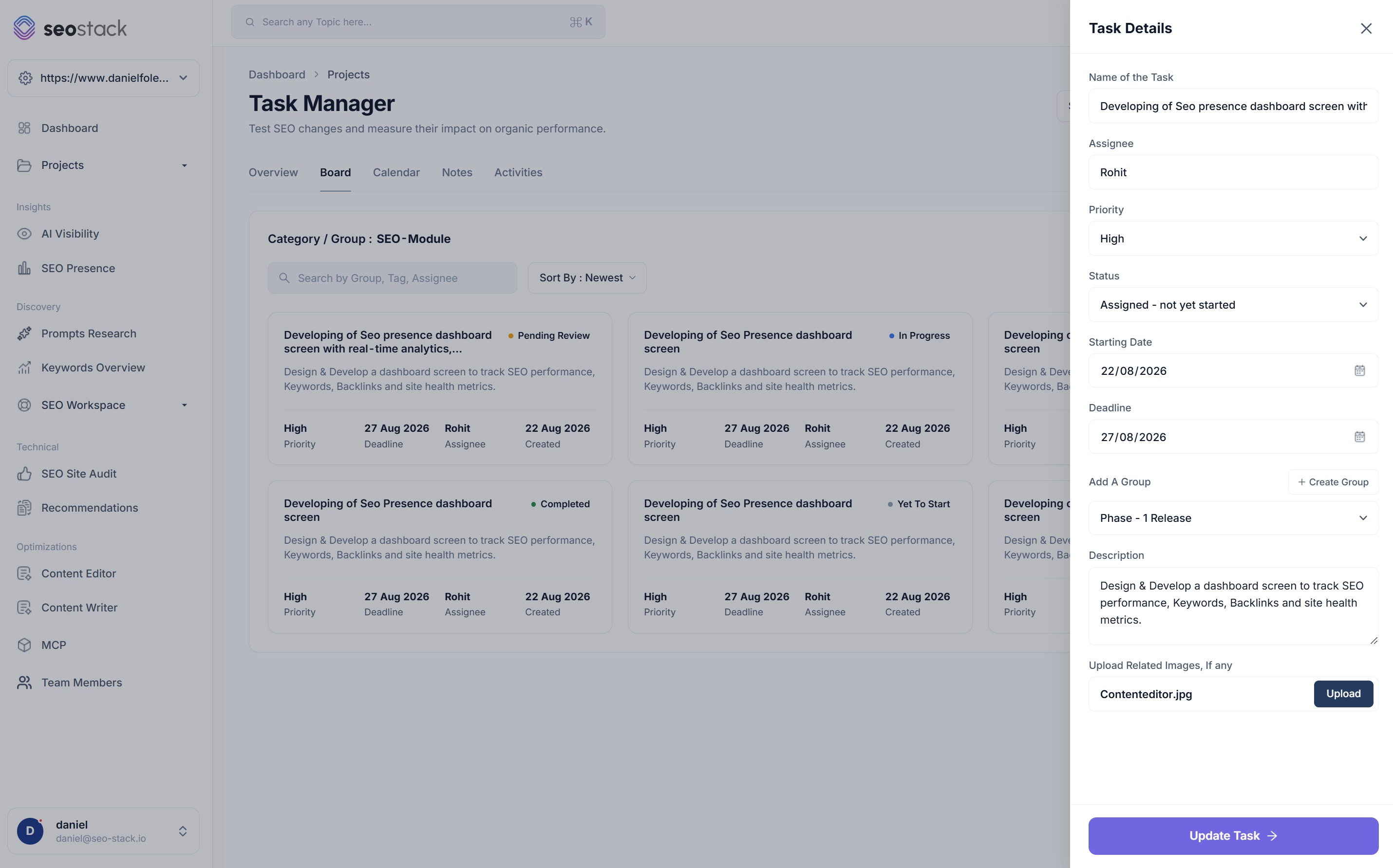 The task details panel in SEO Stack with name, assignee, priority, status, starting date, deadline, group, description and image upload
