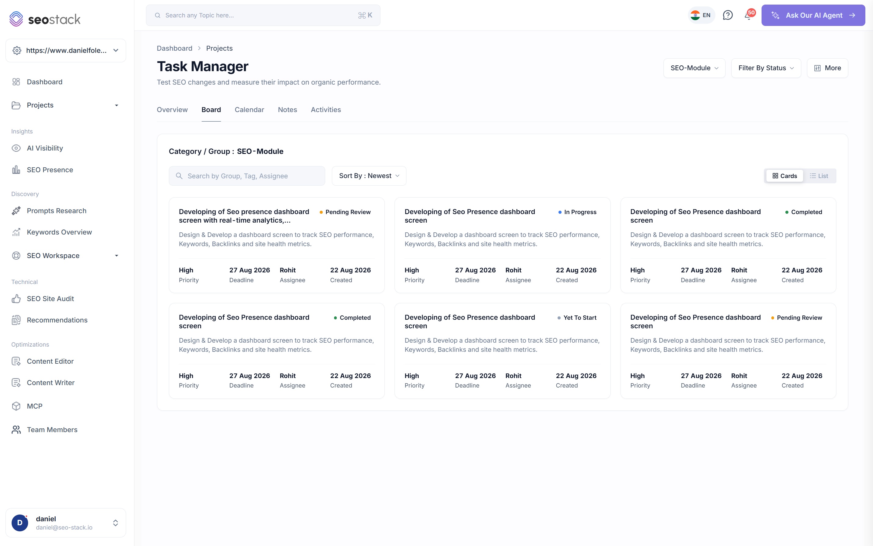 The task board in SEO Stack with task cards showing status, priority, deadline, assignee and created date