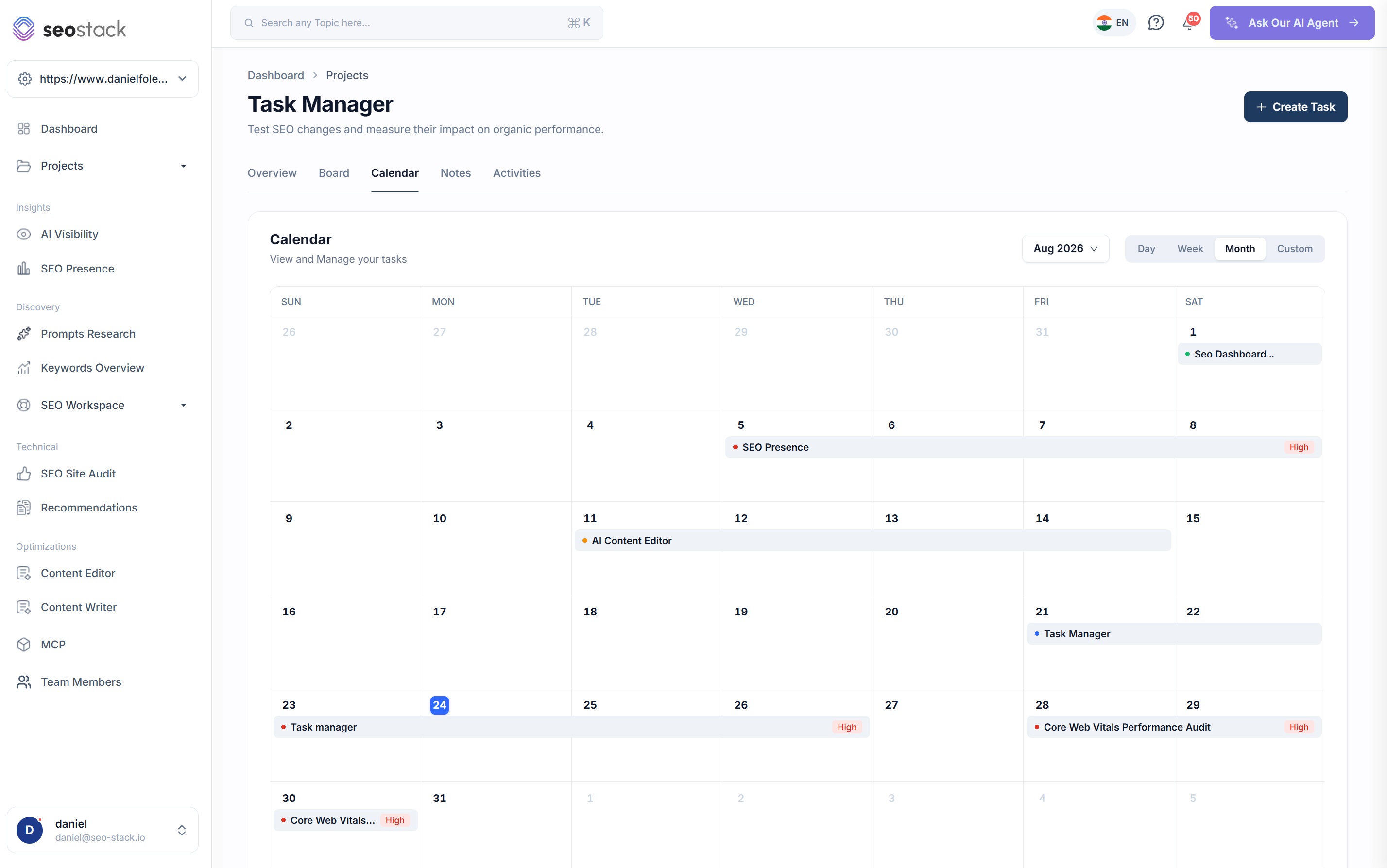 The calendar view in SEO Stack Task Manager showing tasks spanning multiple days across a month with priority labels