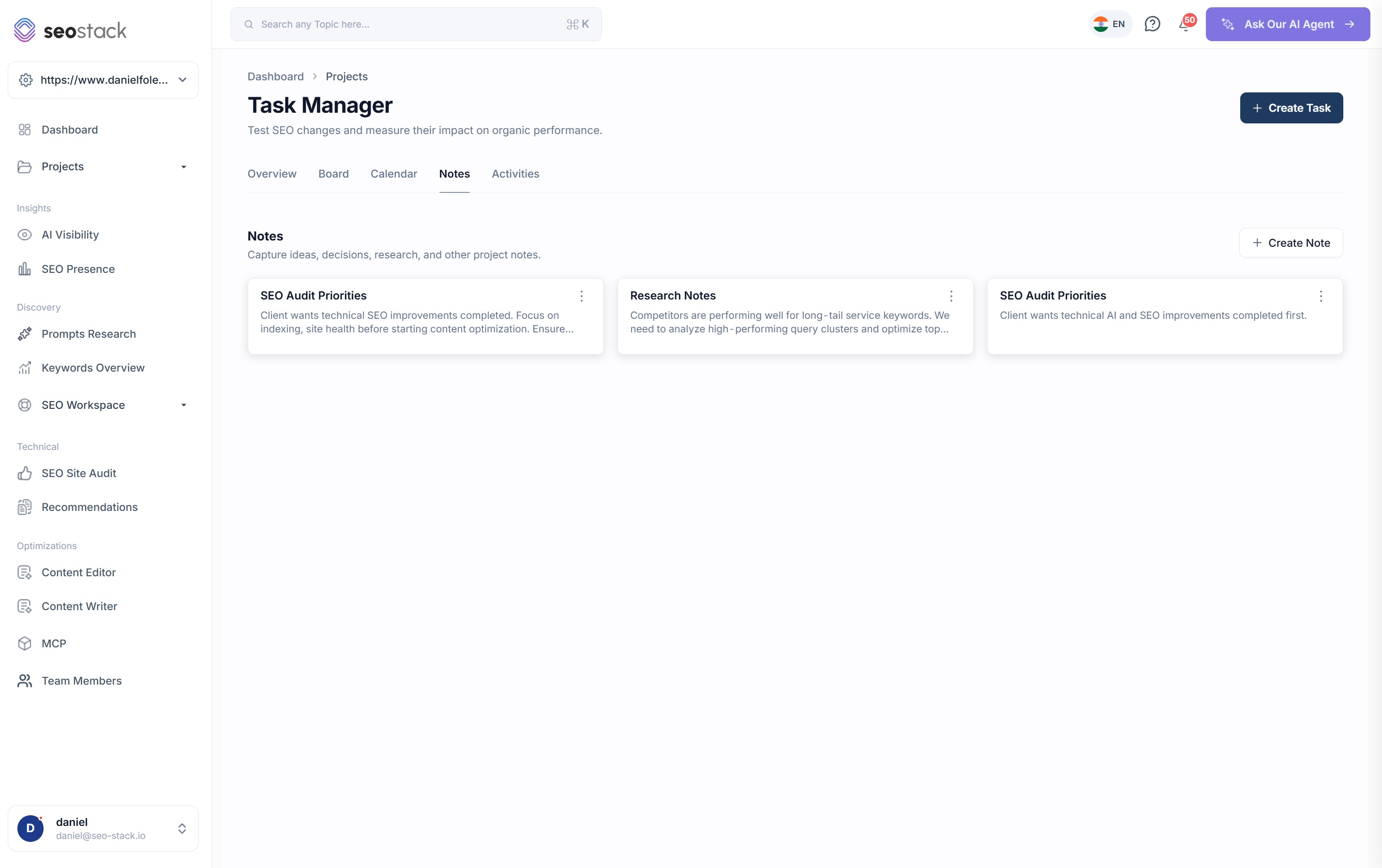 The notes view in SEO Stack Task Manager with cards capturing SEO audit priorities and research notes