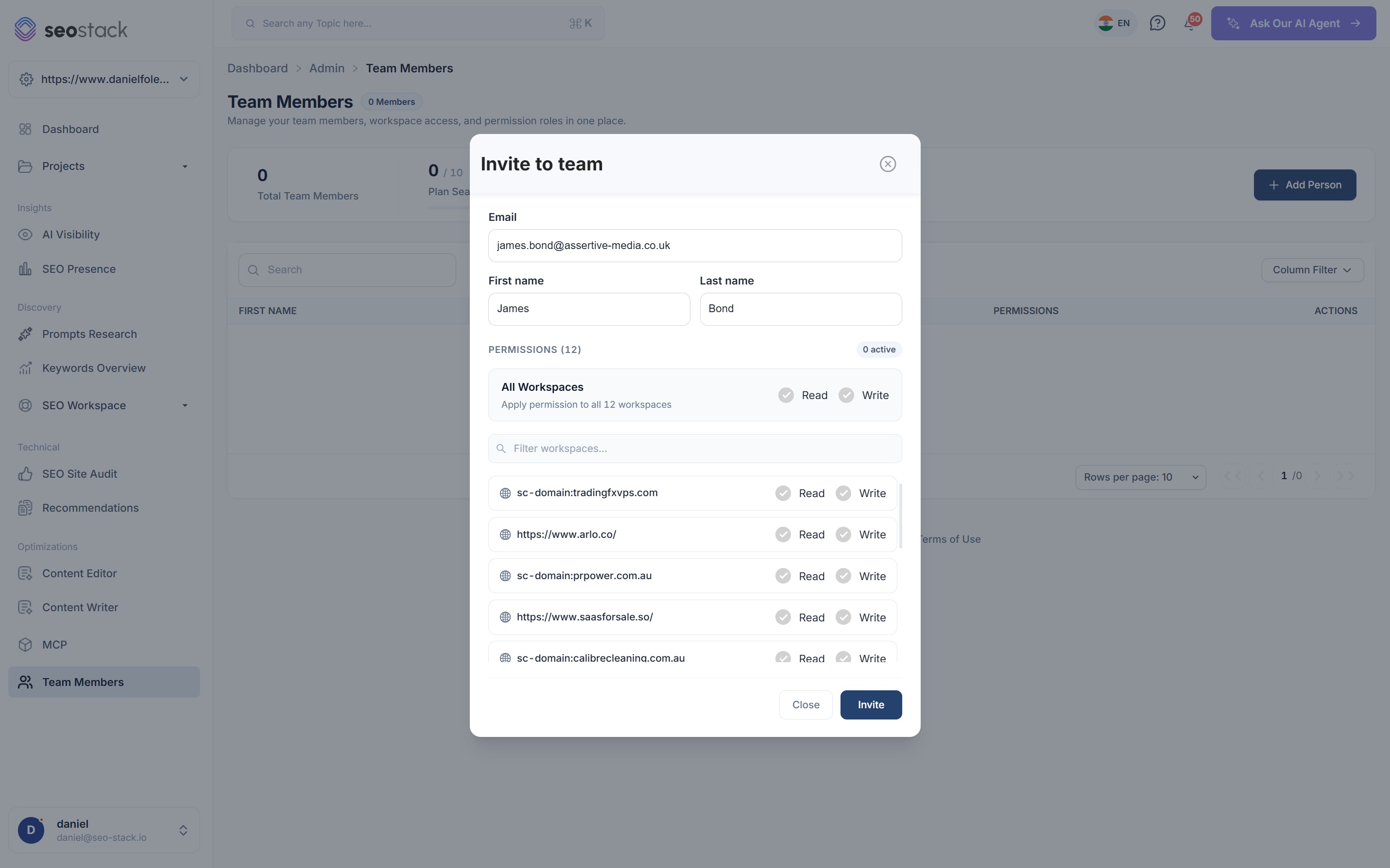 Adding a team member in SEO Stack, with workspace permissions being set before the invitation is sent