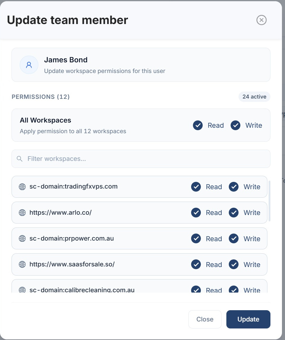 The update team member panel in SEO Stack with an all workspaces toggle and read and write permissions set per individual property
