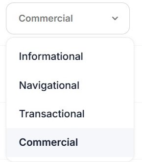 The intent dropdown in SEO Stack offering informational, navigational, transactional and commercial for a single URL