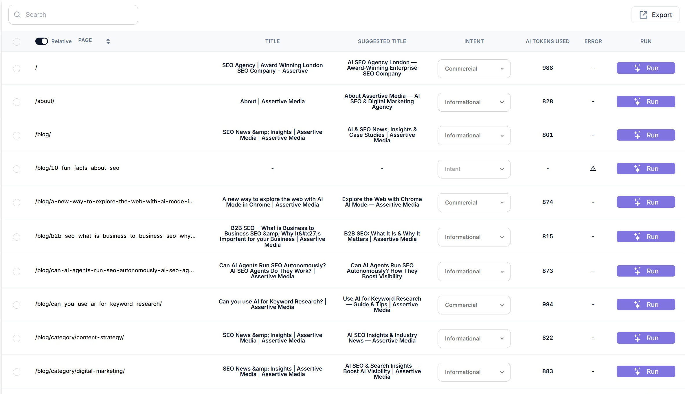 The title tag rewriting table in SEO Stack with page, current title, suggested title, intent, AI tokens used, error and run columns