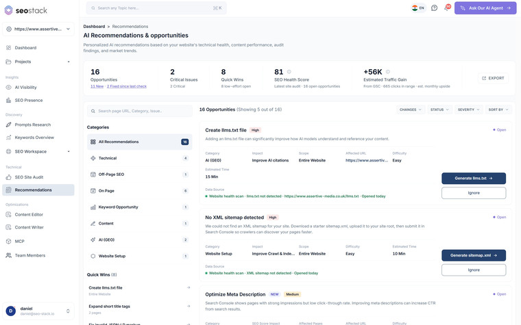 Recommendations in SEO Stack