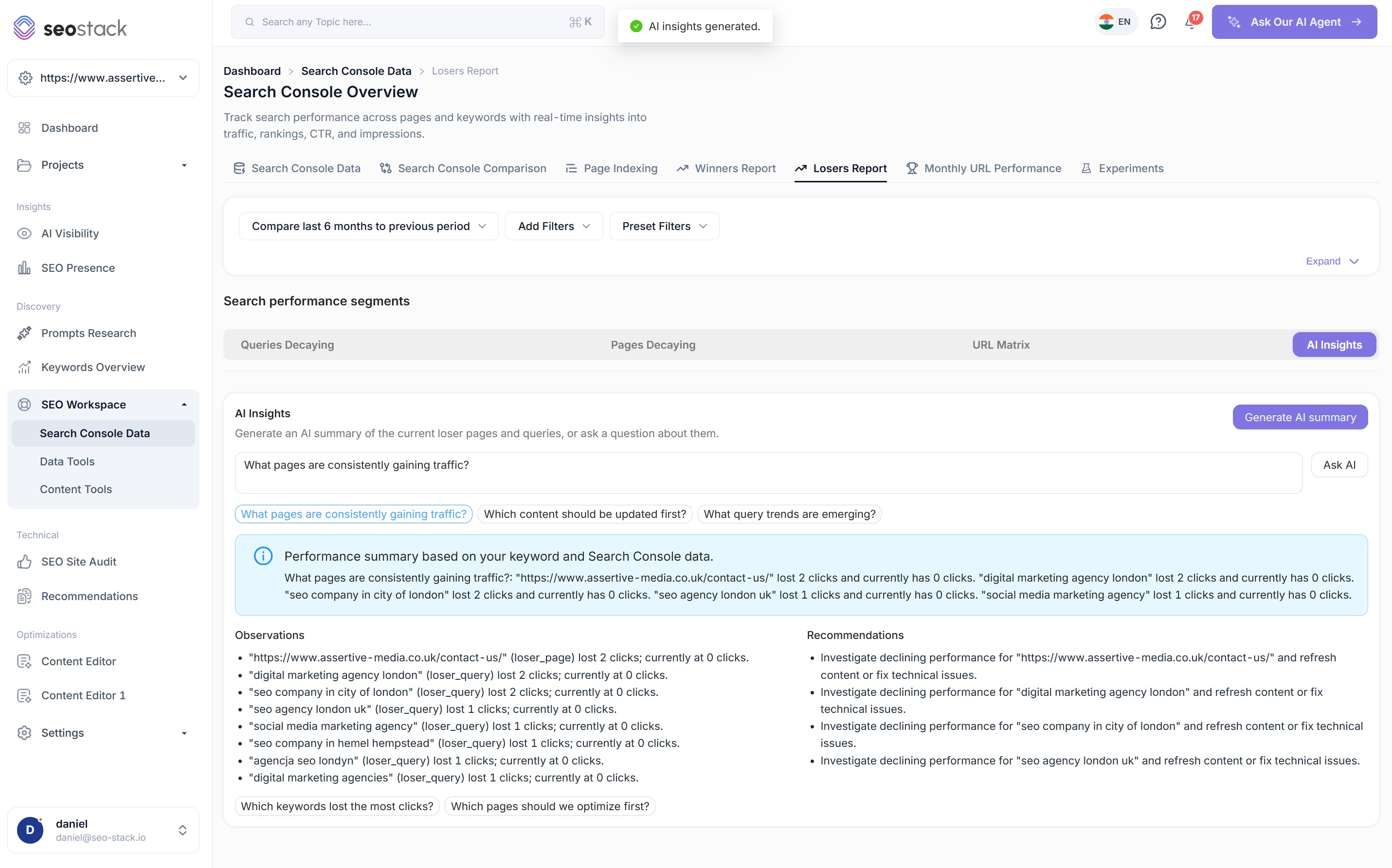 The winners and losers report in SEO Stack with an AI insight summarising what moved across the period