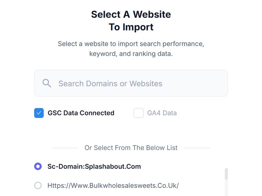The SEO Stack onboarding screen, selecting a Search Console property to import with GSC data connected